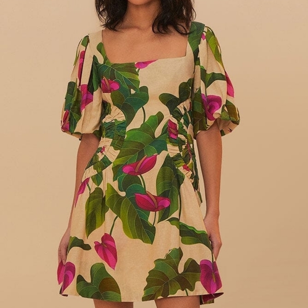 FARM RIO Sand Anthurium Leaves Lenzing™ Ecovero™ Euroflax™ Mini Dress, Size XXS